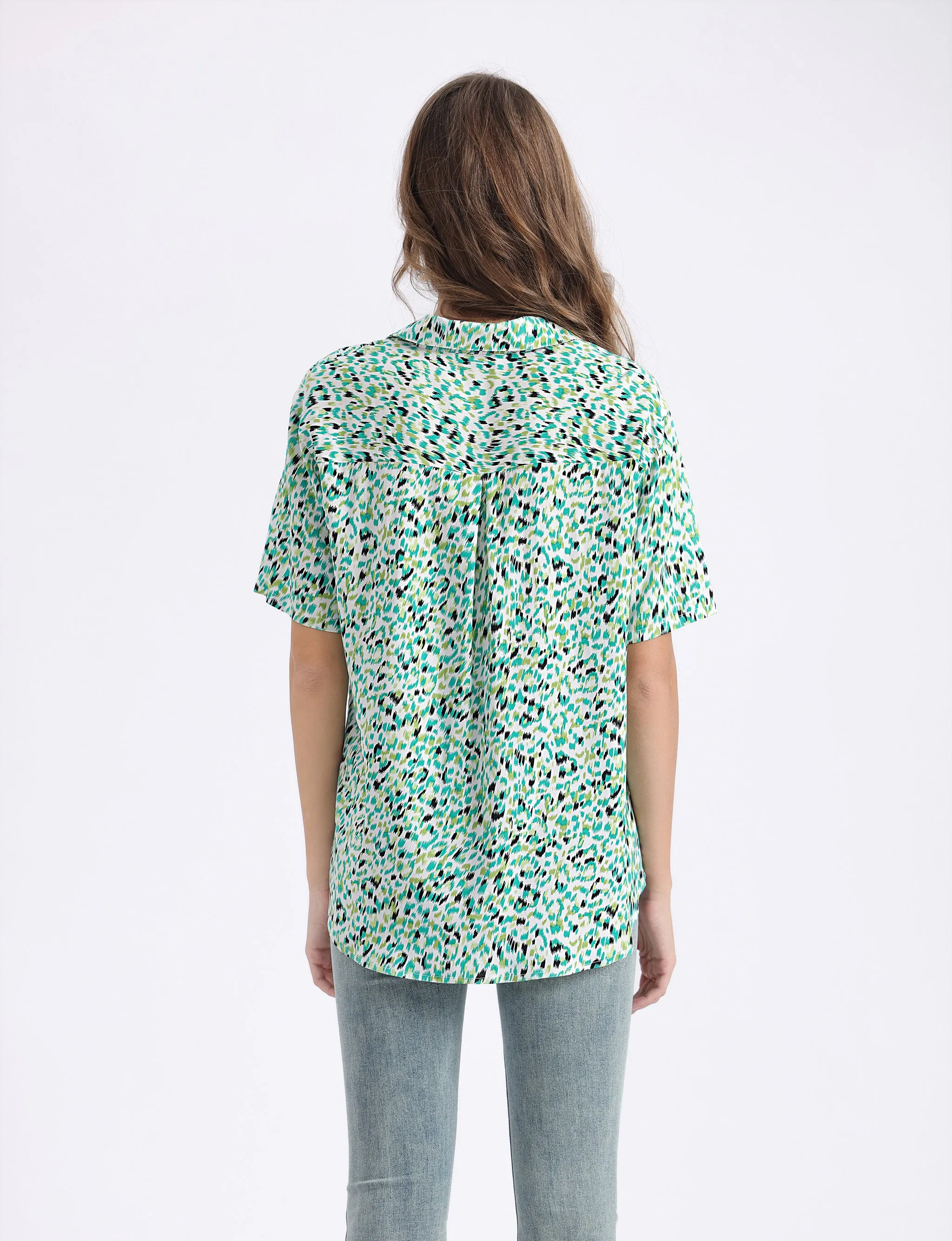 Women's Short Sleeve Button Down Shirt with Colorful Leopard Print