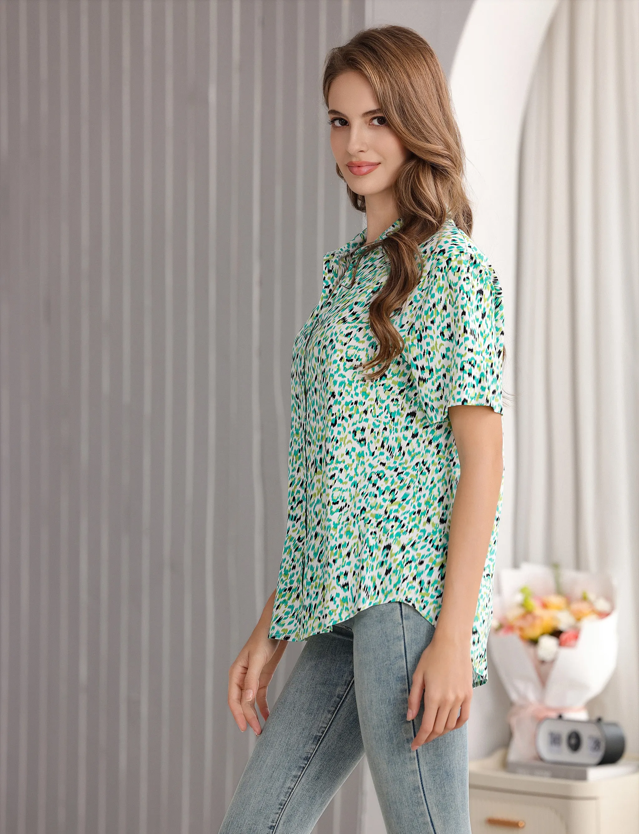 Women's Short Sleeve Button Down Shirt with Colorful Leopard Print