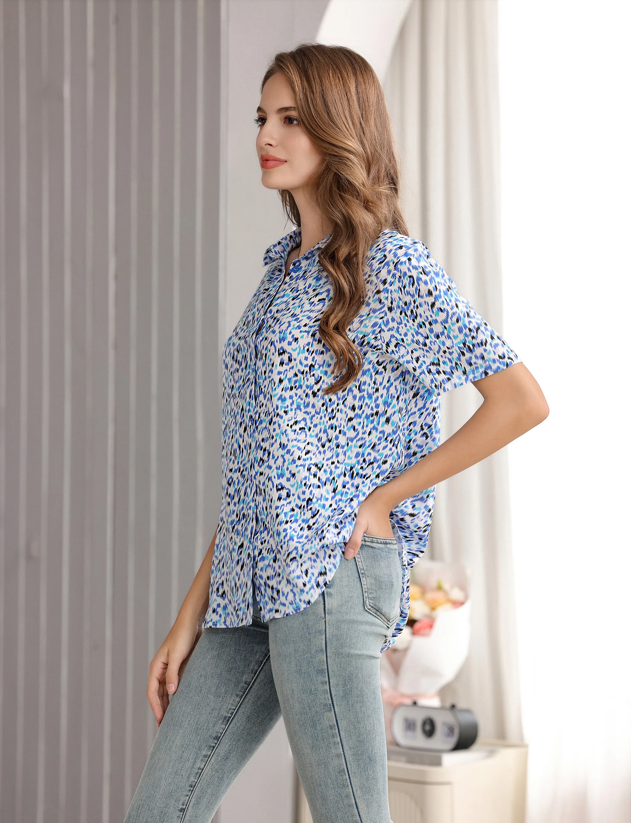 Women's Short Sleeve Button Down Shirt with Colorful Leopard Print
